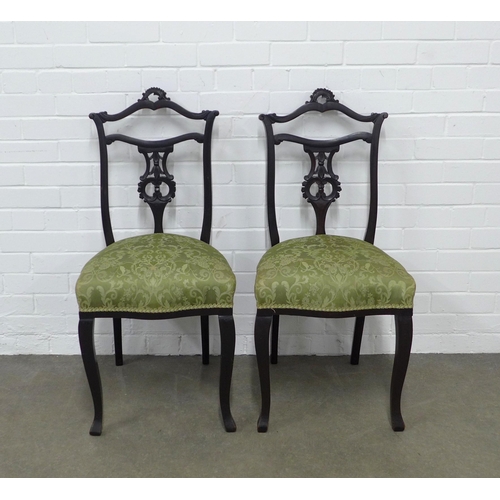 236 - Pair of victorian ebonised  side chairs, damask upholstered stuff over seats 45 x 94 x 44cm. (2)