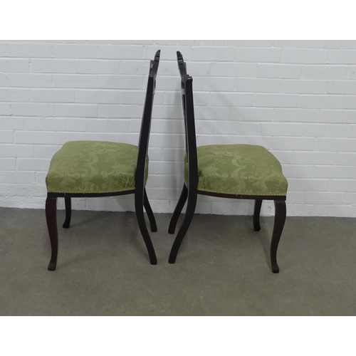 236 - Pair of victorian ebonised  side chairs, damask upholstered stuff over seats 45 x 94 x 44cm. (2)