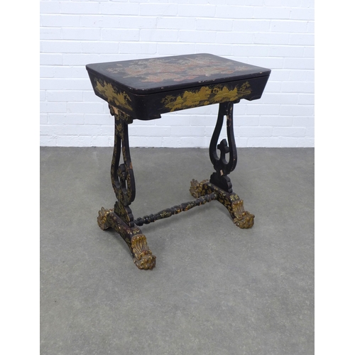 240 - 19th century Chinoiserie black lacquered works table, lift up top opening to reveal a fitted interio... 