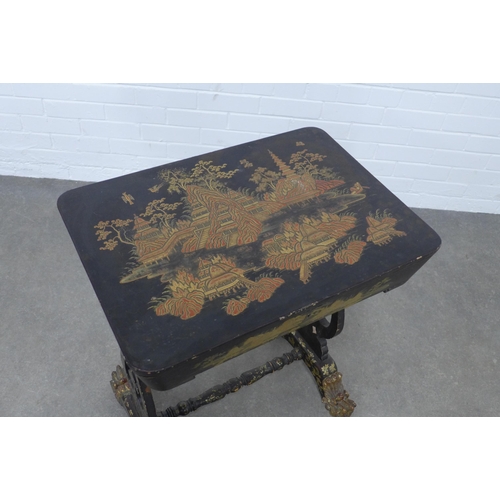 240 - 19th century Chinoiserie black lacquered works table, lift up top opening to reveal a fitted interio... 