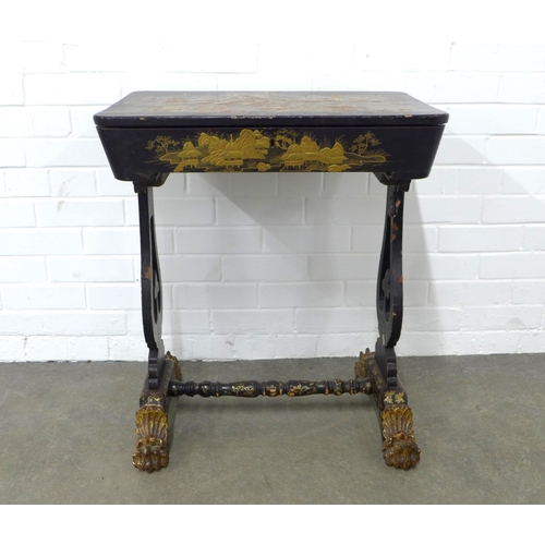 240 - 19th century Chinoiserie black lacquered works table, lift up top opening to reveal a fitted interio... 