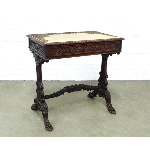 244 - 19th century mahogany table, carved throughout with fruit and vine pattern,  with a single frieze dr... 