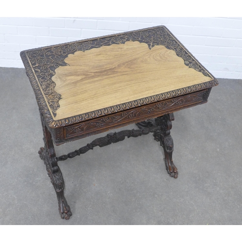 244 - 19th century mahogany table, carved throughout with fruit and vine pattern,  with a single frieze dr... 