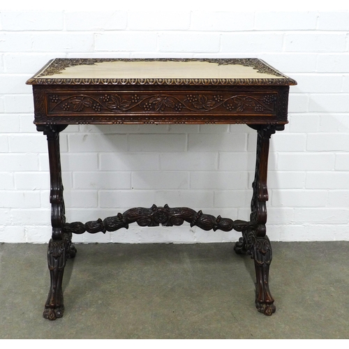 244 - 19th century mahogany table, carved throughout with fruit and vine pattern,  with a single frieze dr... 