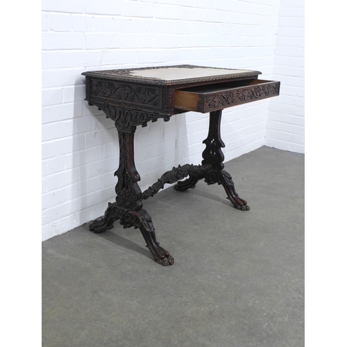 244 - 19th century mahogany table, carved throughout with fruit and vine pattern,  with a single frieze dr... 