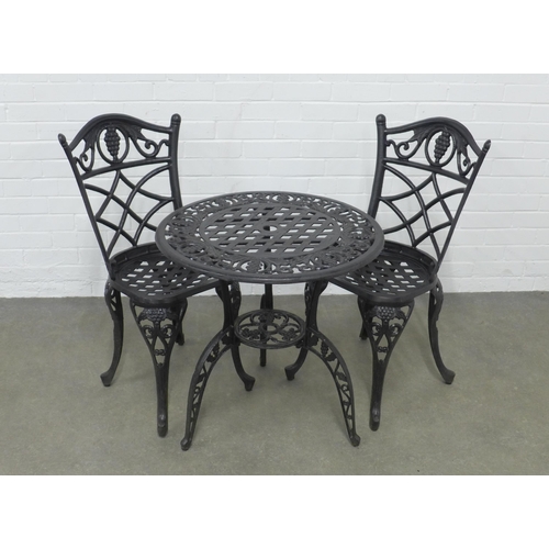 254 - Bistro patio set comprising a metal table and pair of chairs, 66 x 66cm. (3)