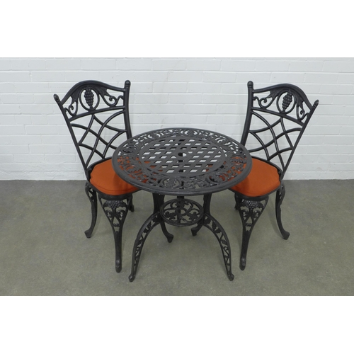 254 - Bistro patio set comprising a metal table and pair of chairs, 66 x 66cm. (3)