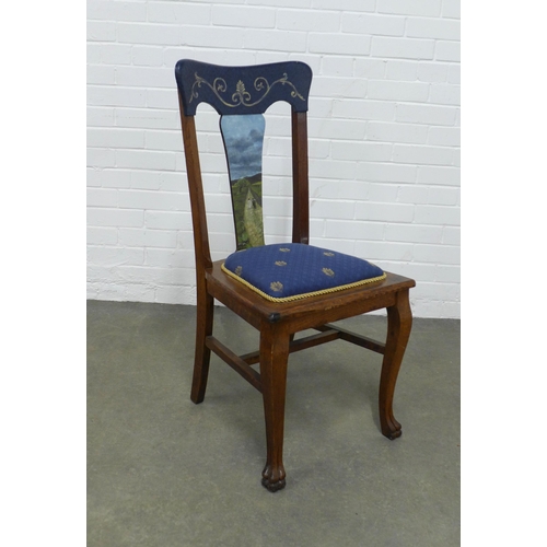 255 - An early 20th century oak chair with handpainted top rail and splat,  48 x 98 x 45cm.