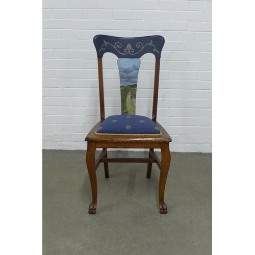 255 - An early 20th century oak chair with handpainted top rail and splat,  48 x 98 x 45cm.