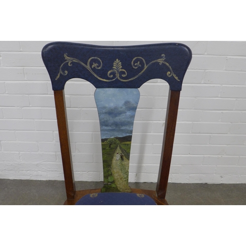 255 - An early 20th century oak chair with handpainted top rail and splat,  48 x 98 x 45cm.