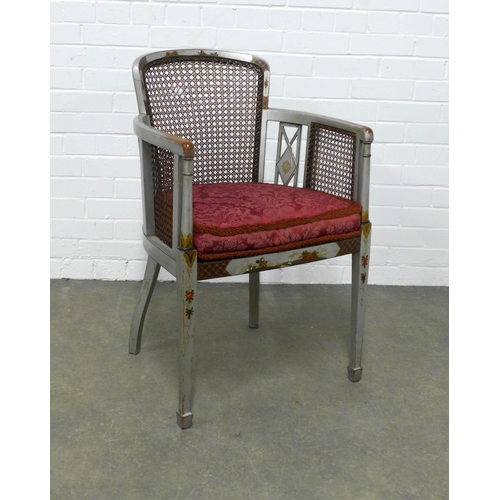 258 - Regency style chinoiserie open armchair, silver painted pattern  with canework back, 56 x 96 x 45cm.