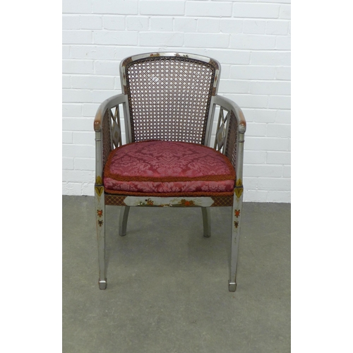 258 - Regency style chinoiserie open armchair, silver painted pattern  with canework back, 56 x 96 x 45cm.