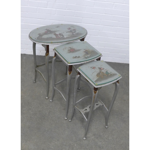 259 - Chinoiserie nest of three tables, silver painted pattern, on slender cabriole legs,  61 x 67 x 39cm.... 