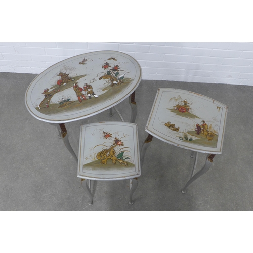 259 - Chinoiserie nest of three tables, silver painted pattern, on slender cabriole legs,  61 x 67 x 39cm.... 