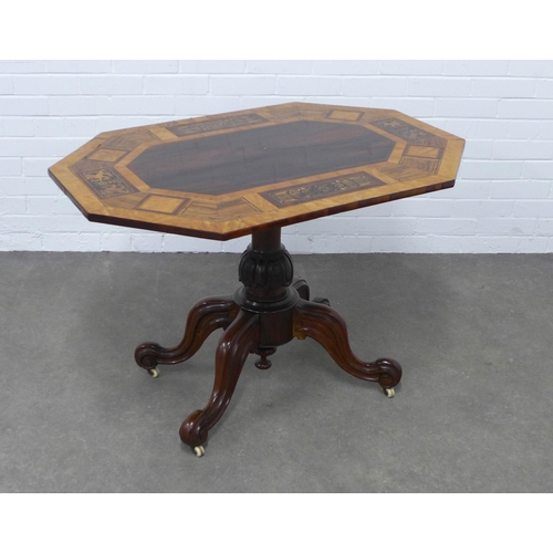 260 - Victorian inlaid centre table,  the octagonal rosewood top with a satinwood border comprising detail... 