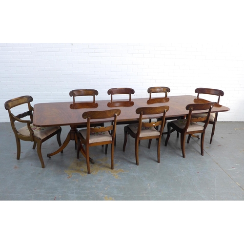 261 - Set of eight Regency style mahogany chairs and a twin pedestal dining table (9) 305 x 72 x 110cm.