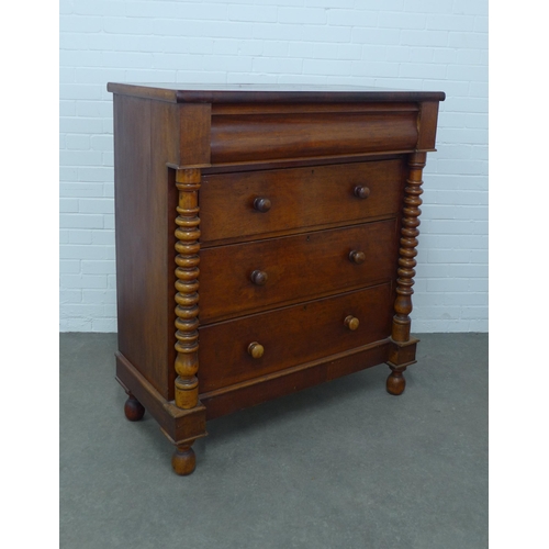 262 - Victorian mahogany Scotch chest with a cushion fronted drawer and three long drawers with bobbin pil... 