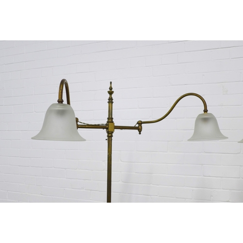 266 - A pair of brass twin branch standard lamps with opaque glass shades (2) 201cm high.