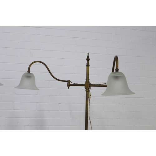 266 - A pair of brass twin branch standard lamps with opaque glass shades (2) 201cm high.