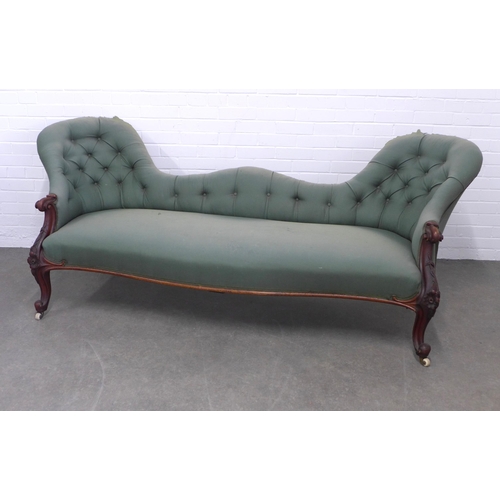 269 - Late 19th century double humpback sofa / settee with button back upholstery and carved mahogany fram... 