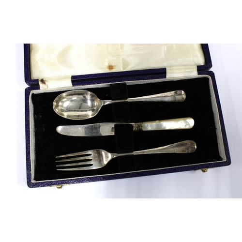 27 - Silver Christening set with fork, spoon and mother of pearl handled knife, Sheffield 1977 / 1980 hal... 