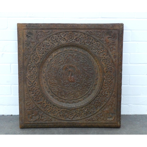 270 - Burmese style carved panel, 67 x 69cm.