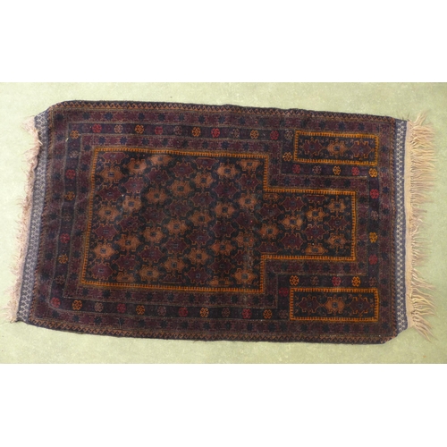 272 - Belouch prayer rug blue mihrab with orange border, 140 x 82cm.