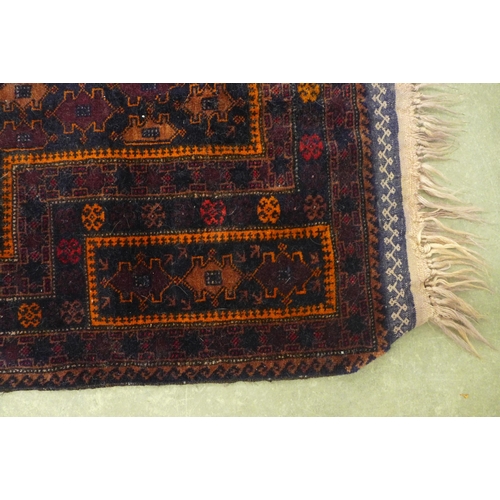 272 - Belouch prayer rug blue mihrab with orange border, 140 x 82cm.