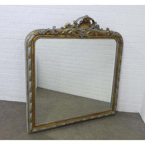 282 - Rococo style giltwood and pale blue painted overmantle mirror,  shell carved cresting and leafy bord... 