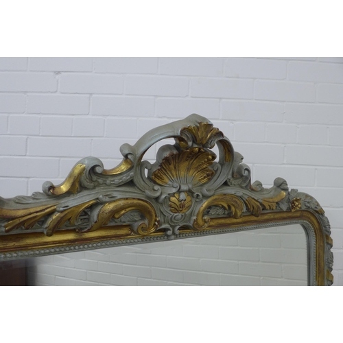 282 - Rococo style giltwood and pale blue painted overmantle mirror,  shell carved cresting and leafy bord... 