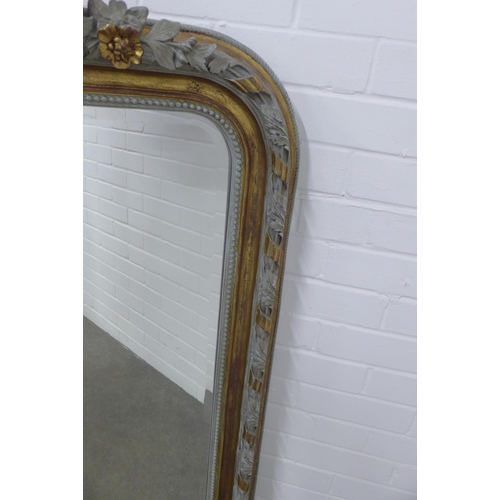 282 - Rococo style giltwood and pale blue painted overmantle mirror,  shell carved cresting and leafy bord... 