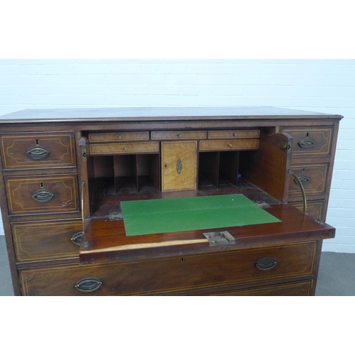 283 - Georgian mahogany and string inlaid secretaire chest, rectangular top with moulded edge over a fall ... 