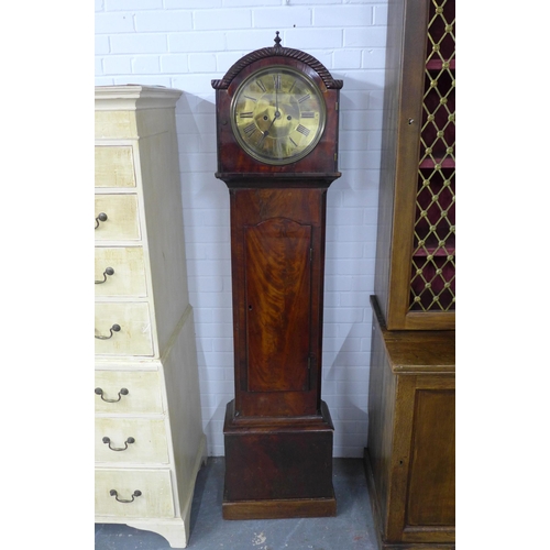 287 - Flame mahogany drumhead longcase clock, 49 x 122 x 23cm. (no weights or pendulum)