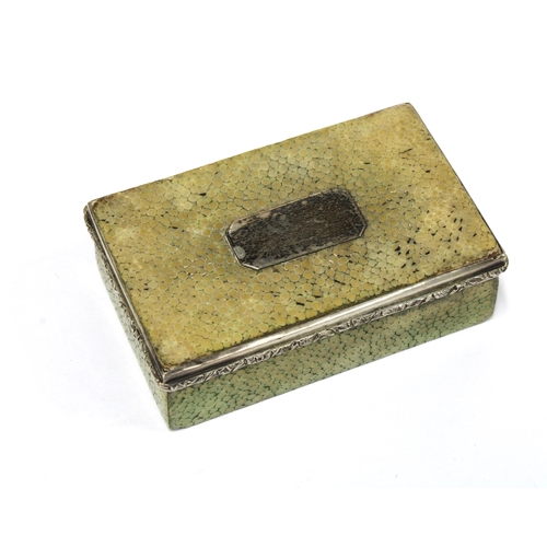 30 - 19th century shagreen and white metal mounted box, the hinged lid with a vacant plaque opening to a ... 