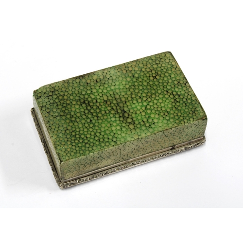 30 - 19th century shagreen and white metal mounted box, the hinged lid with a vacant plaque opening to a ... 