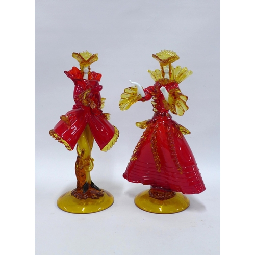 306 - A pair of Toffolo red glass figures of courtesans, one signed (2), 22 x 39cm.