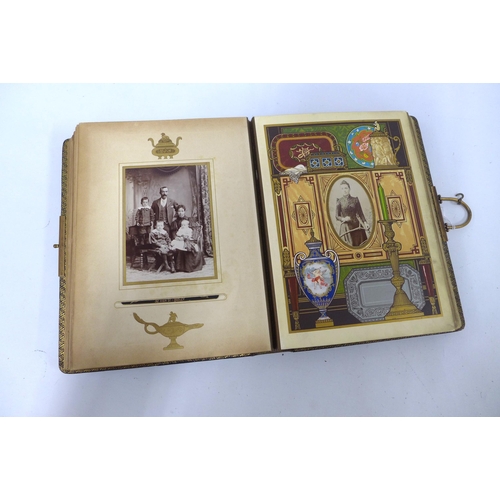 320 - Victorian Marcus Ward 'Bric A Brac' photograph / carte de visite album with cards to each page, leat... 