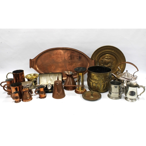 337 - A large collection of metal wares to include copper tray, Epns spirit kettle on stand, brass timer a... 