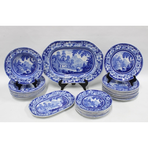 342 - Ridgway transfer printed blue and white Cowman pattern dinner set with meat dishes, etc