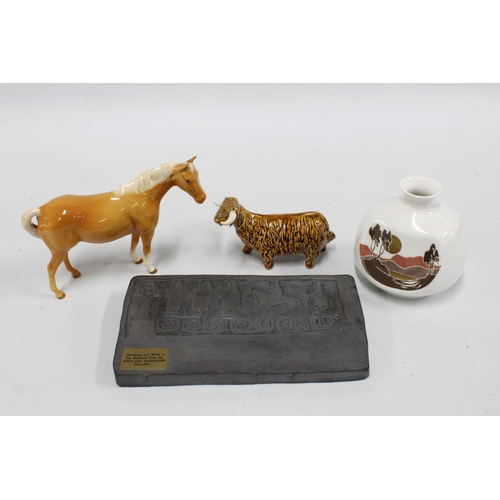 345 - Beswick Palomino, pottery highland cow, shetland stone plaque and a porcelain vase (4)