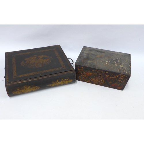 349 - Black lacquered chinoiserie writing box, the interior with red lined slope and lidded compartments, ... 