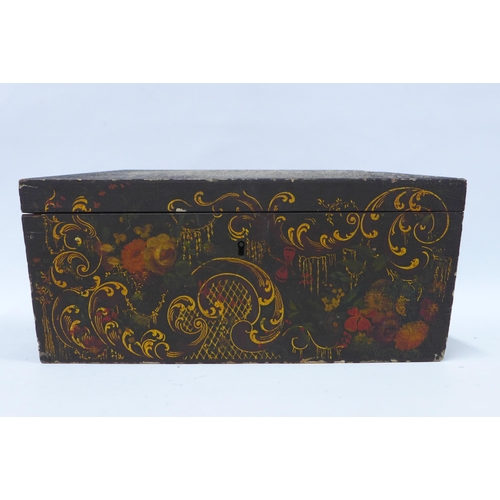 349 - Black lacquered chinoiserie writing box, the interior with red lined slope and lidded compartments, ... 