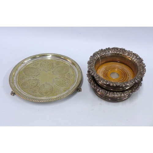 351 - A pair of silver plate on copper wine slides and an Epns salver (3) 25cm.