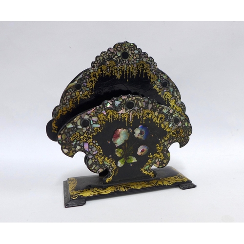 353 - Late 19th century black papier mache and abalone inlaid letter rack with gilt highlights, 22 x 21cm.