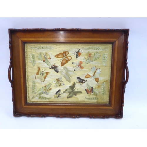 355 - 19th century tray with rectangular panel of stitched  butterflies, 49 x 38cm.