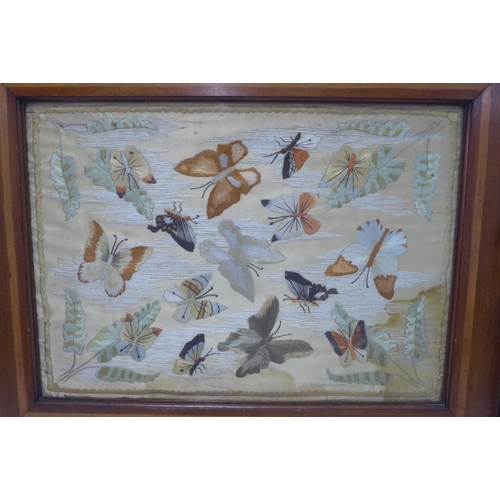 355 - 19th century tray with rectangular panel of stitched  butterflies, 49 x 38cm.