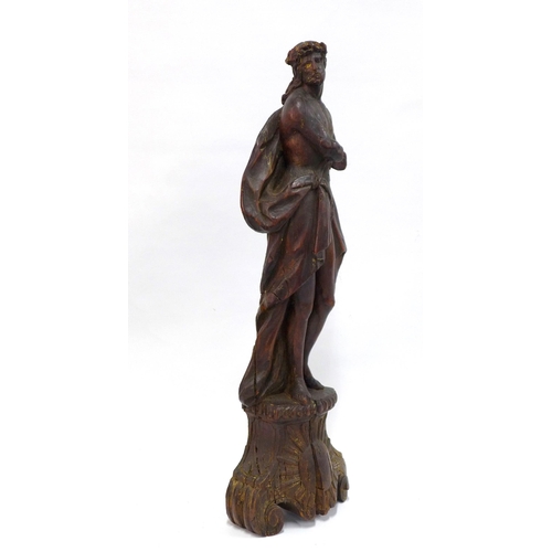 359 - Italian carved pine figure of Christ, with perizoma and crown of thorns (a/f) 19 x 58cm.