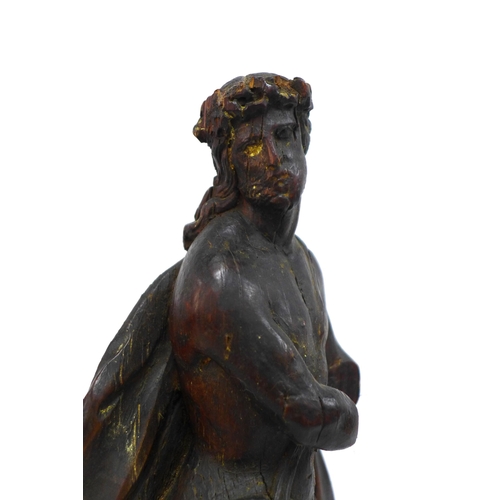 359 - Italian carved pine figure of Christ, with perizoma and crown of thorns (a/f) 19 x 58cm.