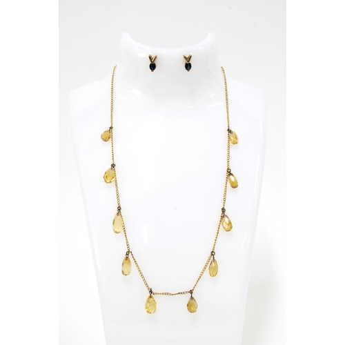 37 - An Edwardian 9ct gold and citrine set necklace, a pair of 9ct gold sapphire stud earrings and a 15ct... 