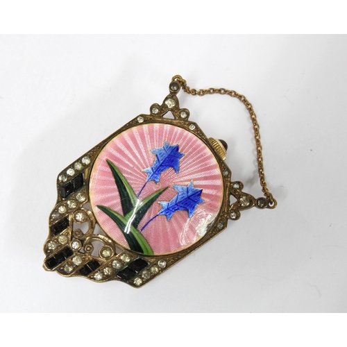 39 - Art Deco pink enamel watch pendant in a gilt metal and paste set case, 4cm